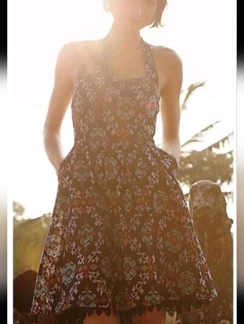 Anthropologie Edme Esyllte Primula Black Geometric Print Halter Sundress Size 2 - Picture 2 of 11